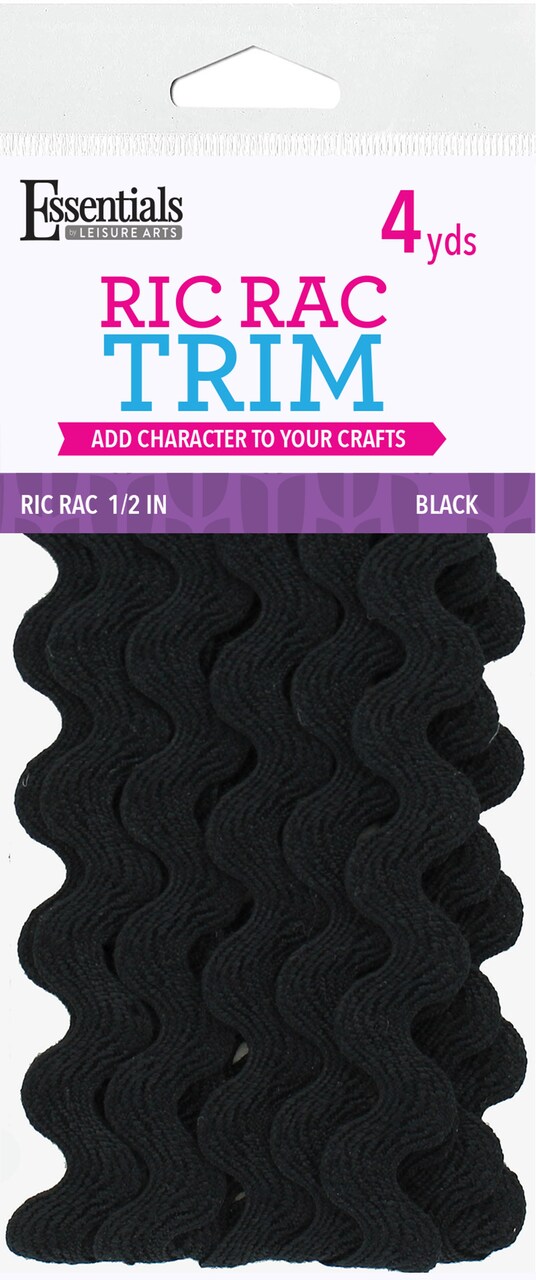 Essentials By Leisure Arts Ric Rac 1/2" 4 Yards Black - Rick Rack Trim For Sewing - Wavy Ric Rac Trim For Sewing And Crafts Ribbon Rick Rack